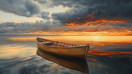 Wooden boat floating on calm water at sunset with dramatic clouds and warm orange light in peaceful nature