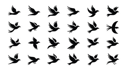 Graceful flight is captured in these black bird silhouettes against a white background, showcasing avian movement in a vector style.