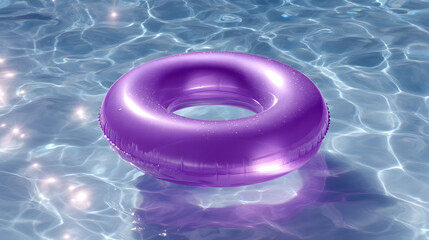 Floating Pool Ring in Refreshing Waters: A close-up view captures a vivid purple pool ring, leisurely floating atop the shimmering surface of clear, cool water. The tranquil scene evokes summer fun.