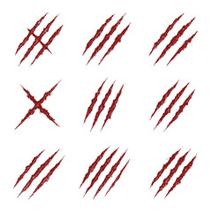 Set of bloody claw scratch marks on white background, horror-style design with sharp torn gashes, perfect for beast or monster effects.