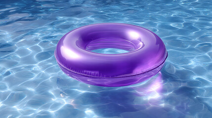 Purple Pool Float: A vibrant purple pool float gently bobs on the shimmering surface of the crystal-clear pool water, creating a sense of relaxation and summer fun.