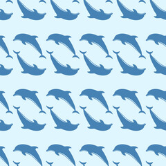 Naklejka premium Seamless pattern with dark blue dolphins leaping on lighter blue background. Playful and marine-themed design for textiles, kids' items, and aquatic concepts. Blue vector dolphins wallpaper.