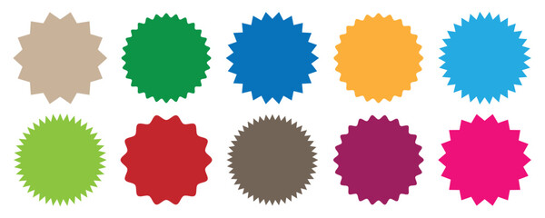 Circles and rectangles with wavy zigzag edges. Badge star, sale price tag, colorful sun, circle and oval label, starburst sticker shape, Vector illustration isolated on white background. 