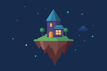 Fototapeta premium A whimsical winter night scene featuring a snow-covered fairy tale castle and a small town illuminated by moonlight under a starry sky