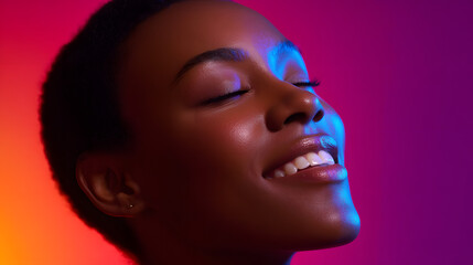 Radiant Serenity: A close-up captures the serene visage of a woman with closed eyes, illuminated by a dynamic blend of colors, radiating inner peace and joy.