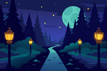 Fototapeta premium Moonlit winter landscape with a dark, starry sky and silhouetted trees and houses, perfect for a fantasy or holiday illustration