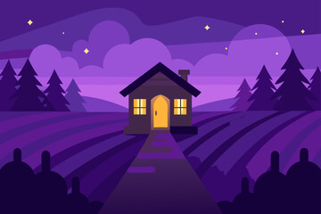 Naklejka premium Spooky haunted house silhouette under a dark, star-filled night sky on a hill amidst the trees