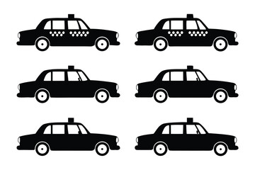 Taxi Icon Set: A collection of six minimalist black taxi icons, perfect for transportation apps, websites, or graphic design projects.  The icons showcase a classic taxi design.
