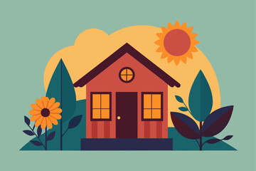 Colorful cartoon illustration of a cozy village house with a blooming garden, a tree, and a bright summer sky
