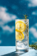 A tall glass of refreshing lemonade with lemon slices and a sprig of rosemary. The background features a bright blue sky with fluffy clouds.