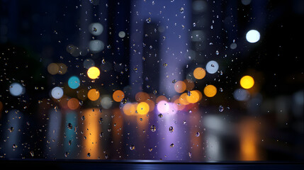 City Lights in Rain: A captivating atmospheric shot of raindrops on a window, blurring the vibrant lights of a city at night. The scene captures the essence of urban life. 