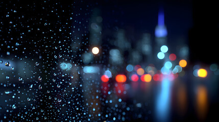 Night City Rain: Raindrops cling to the window pane, blurring the cityscape beyond, where the neon lights of the bustling metropolis blur with the night sky creating an immersive night scape.