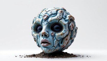 a biomorphic mask in the form of a blob sphere, made from organic crystal, that floats slightly above ground, isolated on pure white background, ultra high resolution, no text or branding.