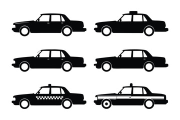 Silhouette Taxi Cars: A collection of sleek, monochromatic silhouettes of taxi cabs showcasing diverse designs, embodying the quintessential urban transportation landscape.