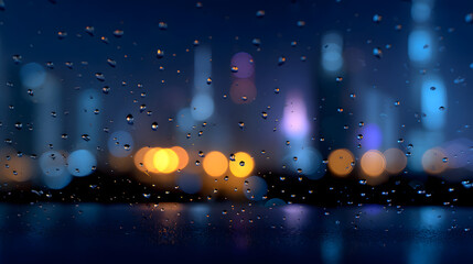 City Lights Through Rain: City lights shimmering in the raindrops on a glass window, creating a captivating blurred backdrop. Evoking a sense of tranquility and introspection.