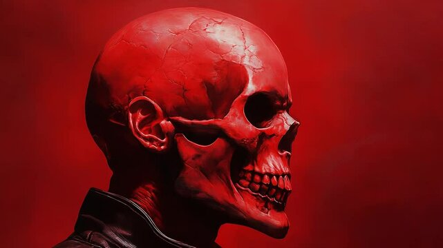 Red skull wearing black leather jacket, emerging from the shadows with red background