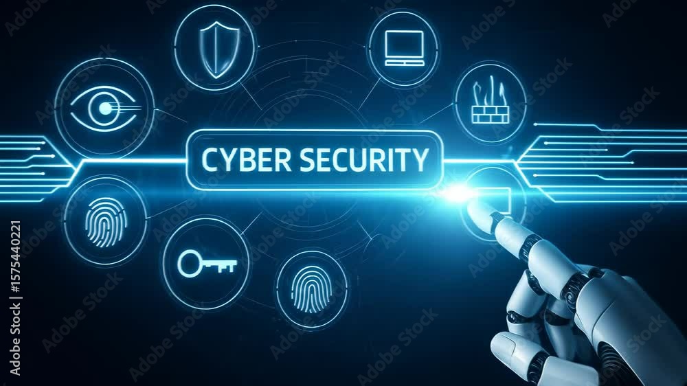 Aufkleber cyber security digital protection technology with robotic hand fingerprint shield lock key firewall 