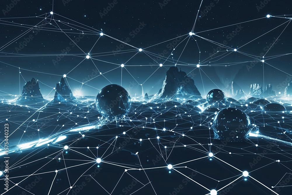 Poster futuristic tech data visualization: enigmatic sci-fi scene with nodes and lines on a midnight backgr