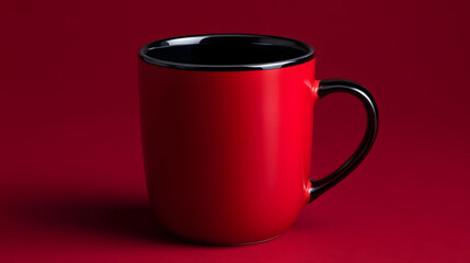 Crimson Ceramic Coffee Mug: A striking, vibrant red ceramic coffee mug, its sleek design accentuated by a contrasting black handle and rim. It's the perfect vessel for a comforting moment. 