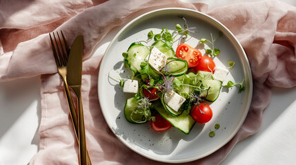 A fresh salad with cucumbers, cherry tomatoes, and feta cheese on a white plate. The dish is garnished with microgreens and served with golden cutlery.