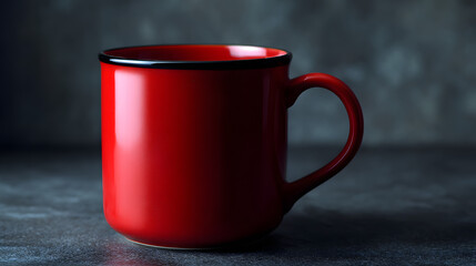 Crimson Mug on Slate: A vibrant red mug with a sleek, minimalist design, resting gracefully on a textured slate surface, radiating warmth and inviting a sense of cozy comfort.