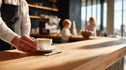 Barista placing latte cup with hidden note on wooden counter in modern café, blurred family in background