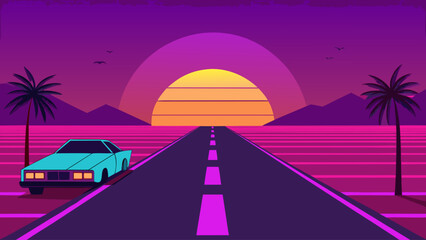 Fototapeta premium Sunset over a coastal city bridge, cars speeding along the highway, the sky a blaze of color as night falls and the journey continues