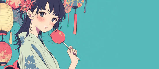 浴衣を着た若い女性が夏祭りを楽しむイラスト｜和服・花火大会・日本の夏の風物詩