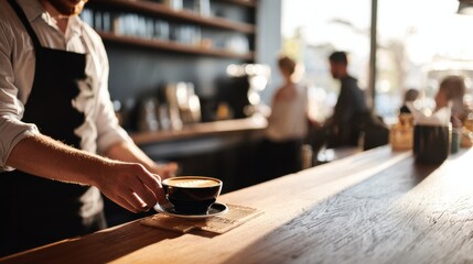 Barista placing latte cup with hidden note on wooden counter in modern café, blurred family in background