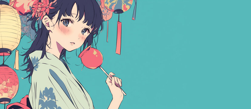 浴衣を着た若い女性が夏祭りを楽しむイラスト｜和服・花火大会・日本の夏の風物詩
