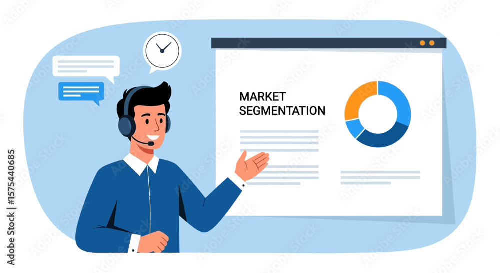 Poster man with headset presenting market segmentation strategy and pie chart