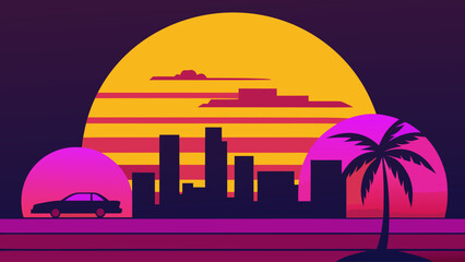 Retro Sunset Cityscape 80s Synthwave Art