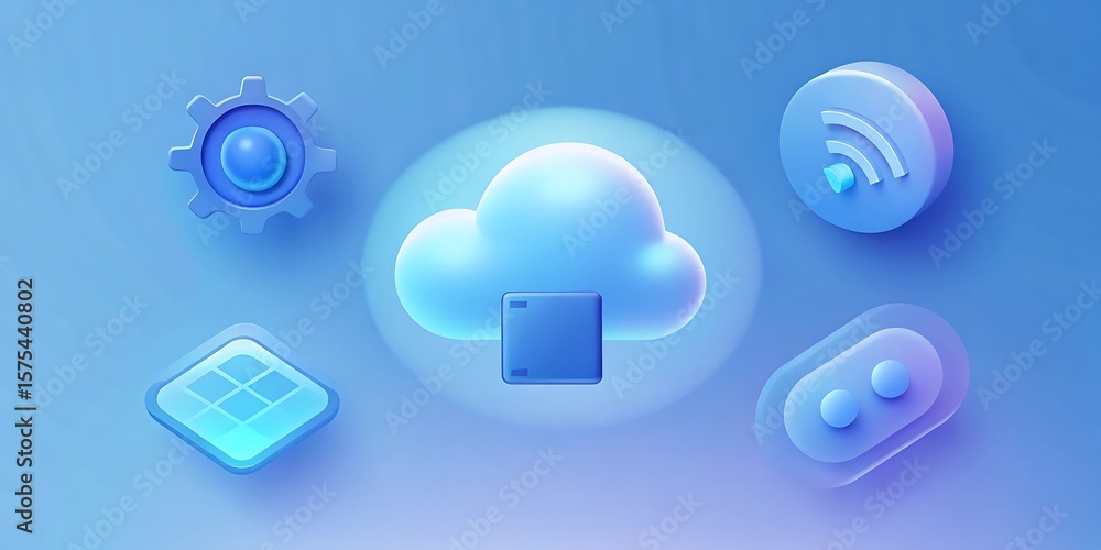 Poster a cloud computing concept with various technology icons like wifi, gear, and game controller.
