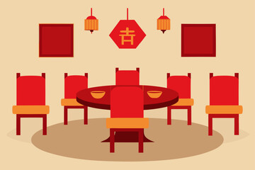 Vibrant Red Chinese New Year Dinner Setting Festive Table, Chairs, and Decorations