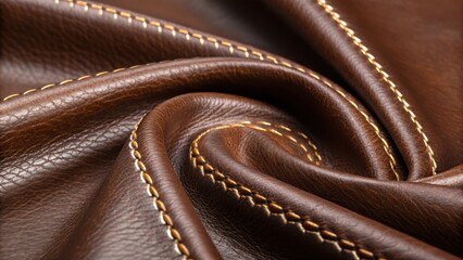 Close up of rich brown leather with detailed stitching and soft folds