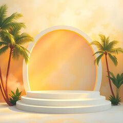 White podium tropical arch golden light palm trees