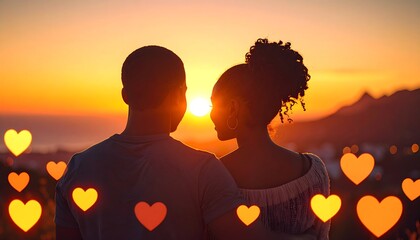 Couple silhouette at sunset, hearts