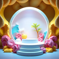 Vibrant sculpted display with palm tree abstract background