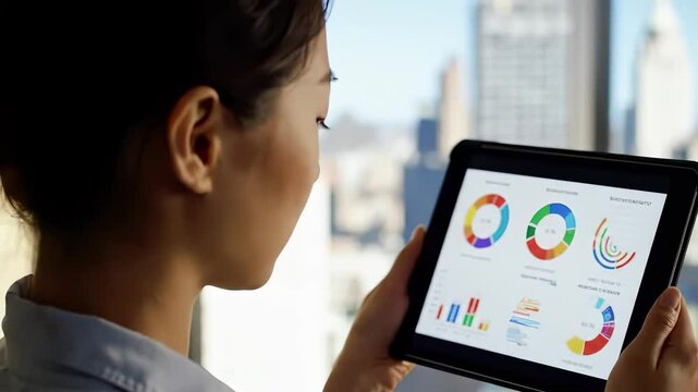 Businesswoman with tablet analyzing data, charts, and graphs modern office city setting, showcasing professional technology, digital analytics, finance report, statistics, urban success