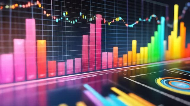 Colorful bar chart, line graph, and data visualization with glowing effect for financial analysis, business growth, digital statistics, economic trend, futuristic technology, investment