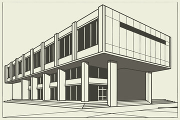Fototapeta premium Illustration of a modern building with large windows and supporting pillars in a minimalist style design