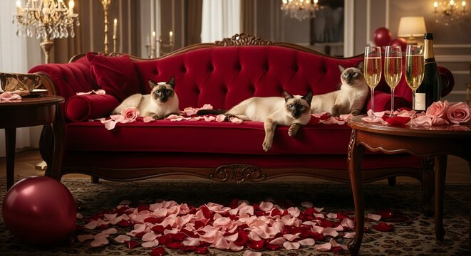 Three Siamese cats lounge on a plush red sofa amidst scattered rose petals and champagne flutes.
