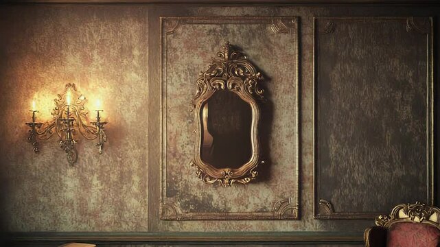 Elegant baroque interior design with ornate furniture and lit sconce