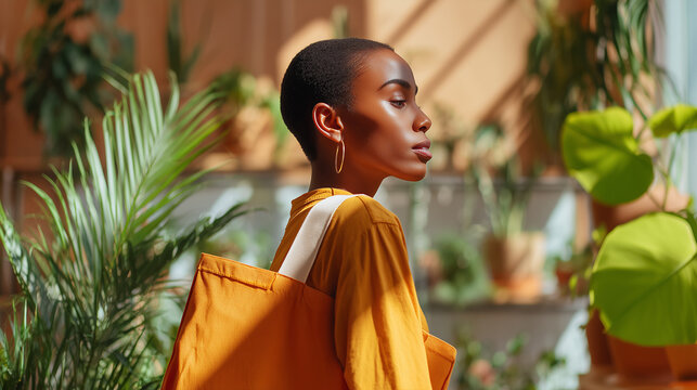 Young African American woman with eco-friendly reusable canvas tote bag in greenhouse. Sustainable lifestyle and zero waste shopping concept. Perfect for environmental themes.