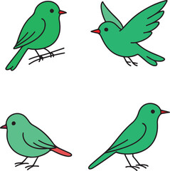 A colorful set of funny cartoon birds on a branch, featuring cute parrots and sparrows with detailed feathers and expressive wings, perfect for nature-inspired designs