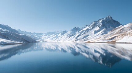 Crystal clear alpine lake with reflections of snowy peaks