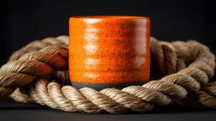 Handcrafted orange ceramic cup displayed with natural jute rope on black background, studio lighting with artisan texture and rustic styling.