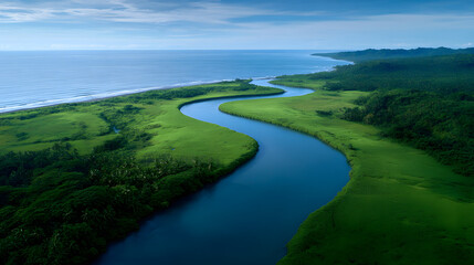 Serpentine River Meets the Sea: Aerial view, capture a river's graceful flow as it meanders through a verdant landscape. The river finds its confluence with the vast ocean under a cerulean sky.