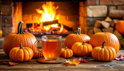 Cozy autumn scene with pumpkins and tea by fireplace