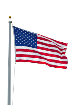 A vibrant united states flag, with fifty transparent stars on a deep blue canton and thirteen distinct red and white stripes, waving from a flagpole on a transparent isolated studio background,
